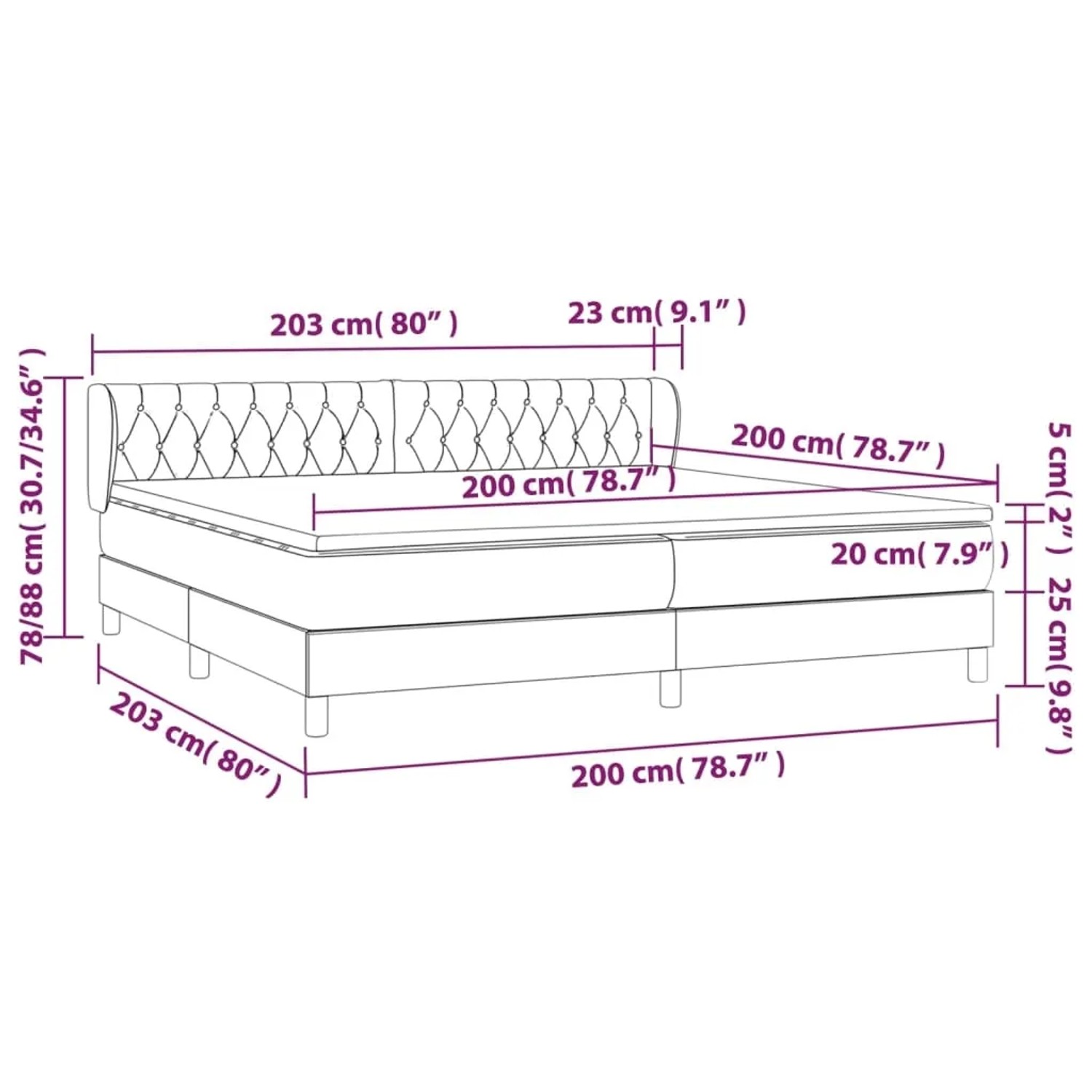 vidaXL Boxspringbett Creme 200x200 cm mit Matratze und Kopfteil, Größenangaben.