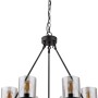 Schwarze, 6-flammige Globo Pendelleuchte mit Holzring und Rauchglas-Schirmen.