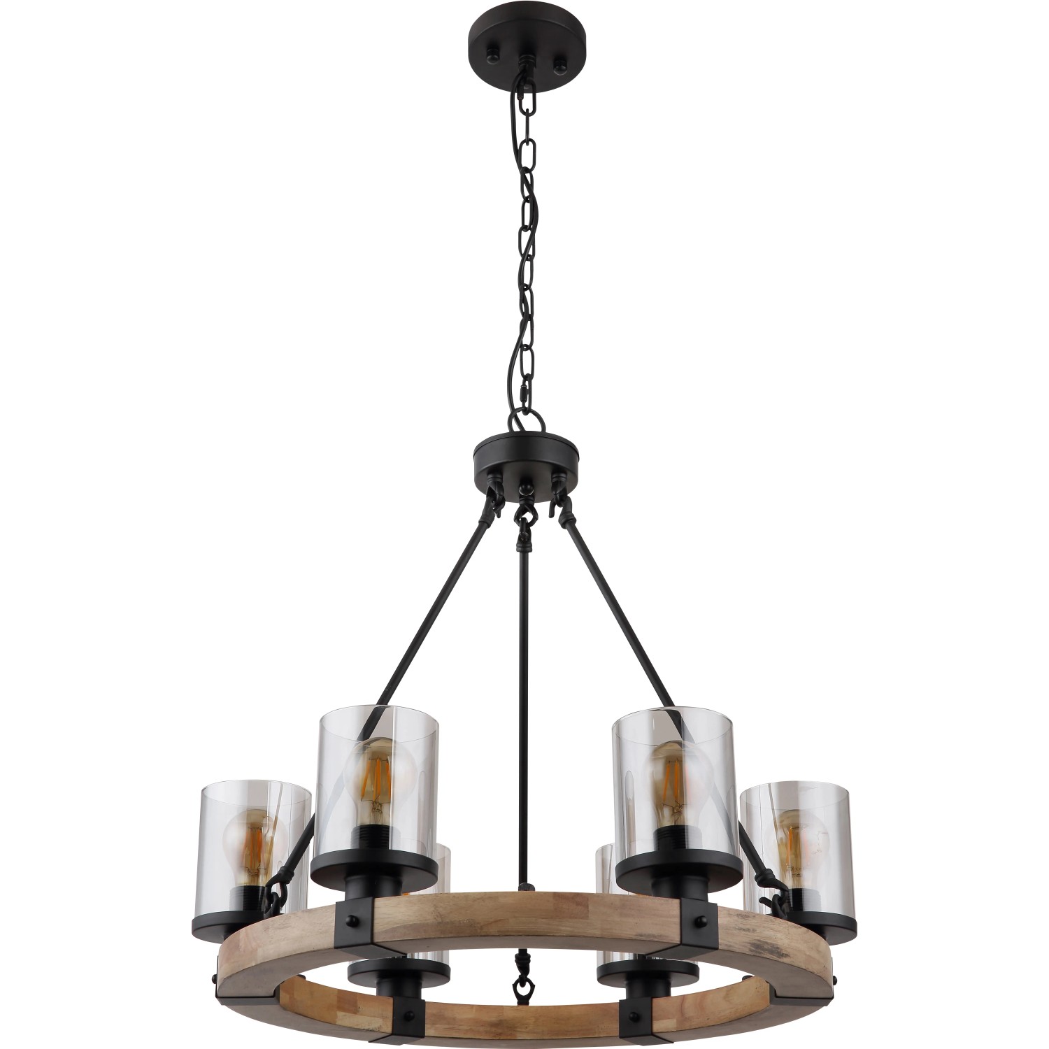 Schwarze, 6-flammige Globo Pendelleuchte mit Holzring und Rauchglas-Schirmen.