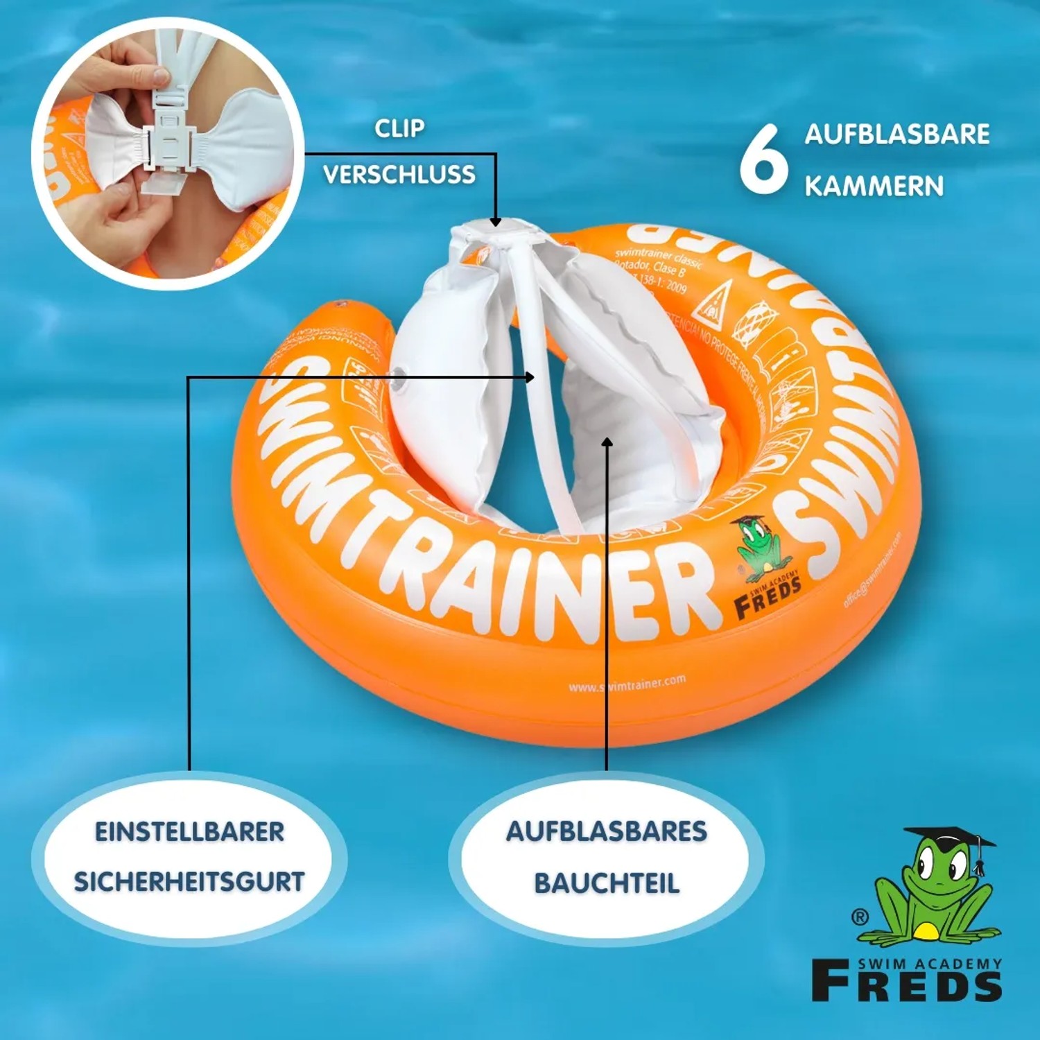 Freds Swim Academy Schwimmreifen Classic Orange für Kinder von 2-6 Jahren mit Sicherheitsgurt und 6 Kammern.