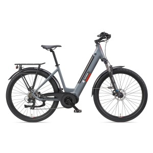 Graues Telefunken SUV E-Bike mit 27,5 Zoll Reifen, Mittelmotor und 7-Gang Kettenschaltung.