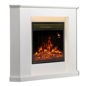 Weißer, dreieckiger Juskys Elektrokamin mit Heizung und Flammeneffekt.