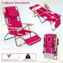 Magenta faltbarer Strandstuhl mit Kopfstütze, Armlehnen und Taschen, als Liegestuhl verstellbar. Maße sichtbar.
