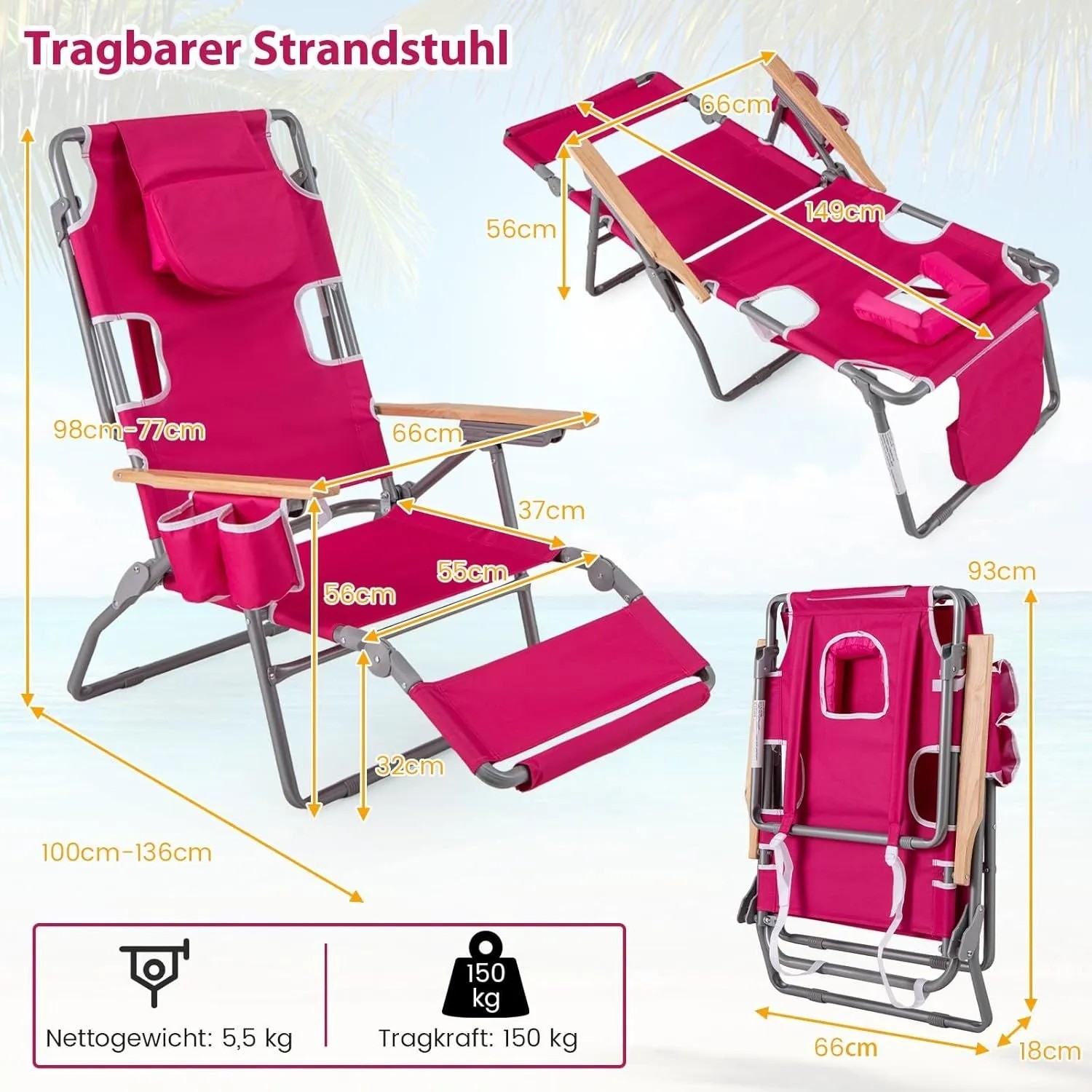 Magenta faltbarer Strandstuhl mit Kopfstütze, Armlehnen und Taschen, als Liegestuhl verstellbar. Maße sichtbar.