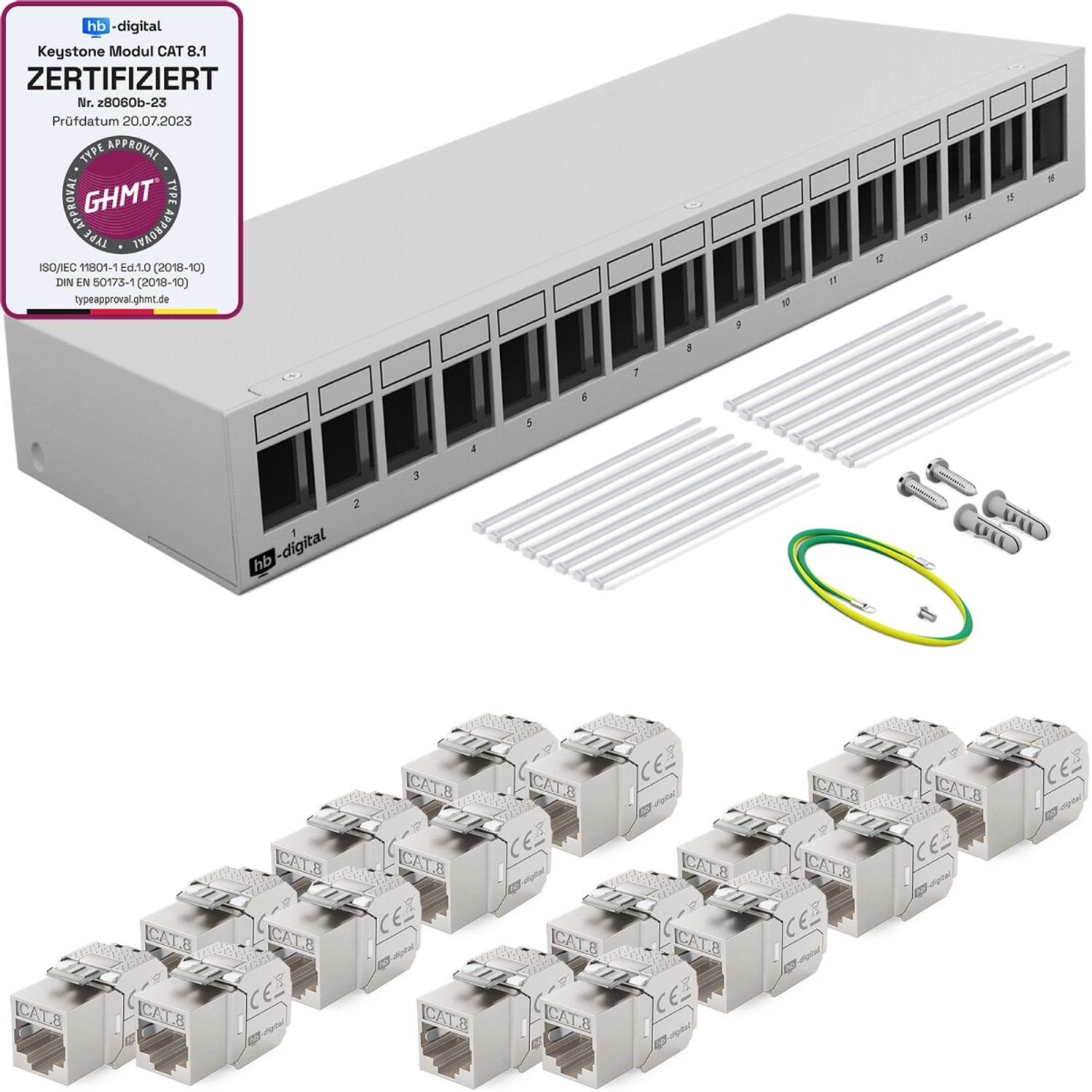 hb-digital Patchfeld 16 Port mit 16x Keystone Module Cat 8 Hellgrau günstig online kaufen