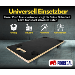 PROREGAL Profi Transportroller schwarz, Holzplatte, 4 Rollen, Anti-Rutsch-Pads. Für Umzug, Heimwerk, Industrie, Gartenarbeit.