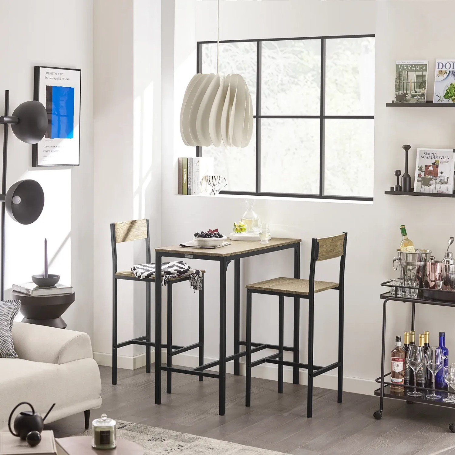 SoBuy Bartisch-Set OGT03-N mit 2 Barhockern, Holz/Metall, natur/schwarz. Ideal für Hausbar oder Küche.