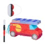 Rote Feuerwehrauto Pinata aus Papier mit blauem Dach, gelbem Schlauch, inklusive Schlagstock und Augenmaske.