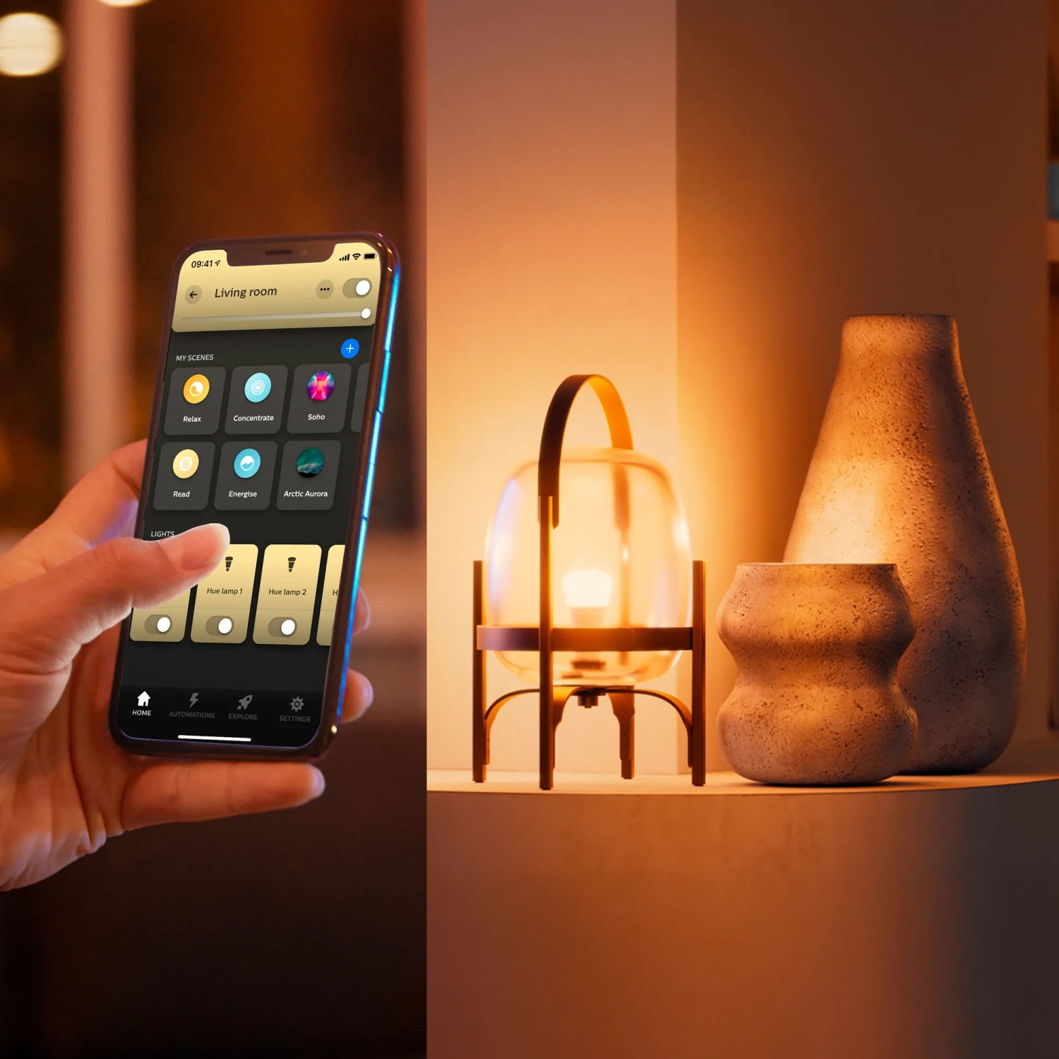 Philips Hue Leuchtmittel E27 mit App-Steuerung für warmweißes Licht und smarte Beleuchtung.