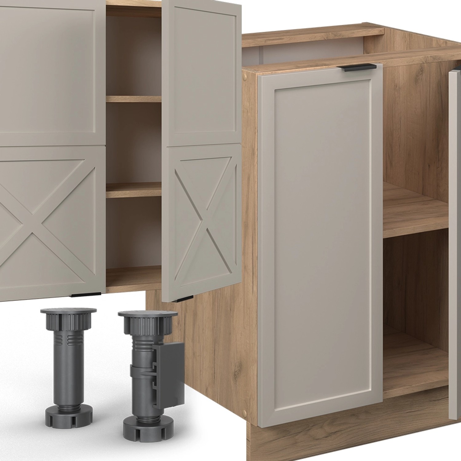 Vicco Fame-Line Küchenzeile 300cm in GrauBeige/Goldkraft Eiche mit offenem Hochschrank.