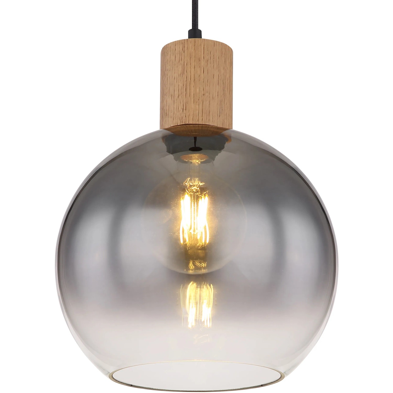 Moderne Globo Pendelleuchte Moitas mit Rauchglas und Holzoptik. Hängeleuchte für E27 Leuchtmittel.