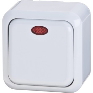 Aufputz Kontroll-/Wechselschalter in Weiß mit roter Kontrollleuchte für Innenräume.