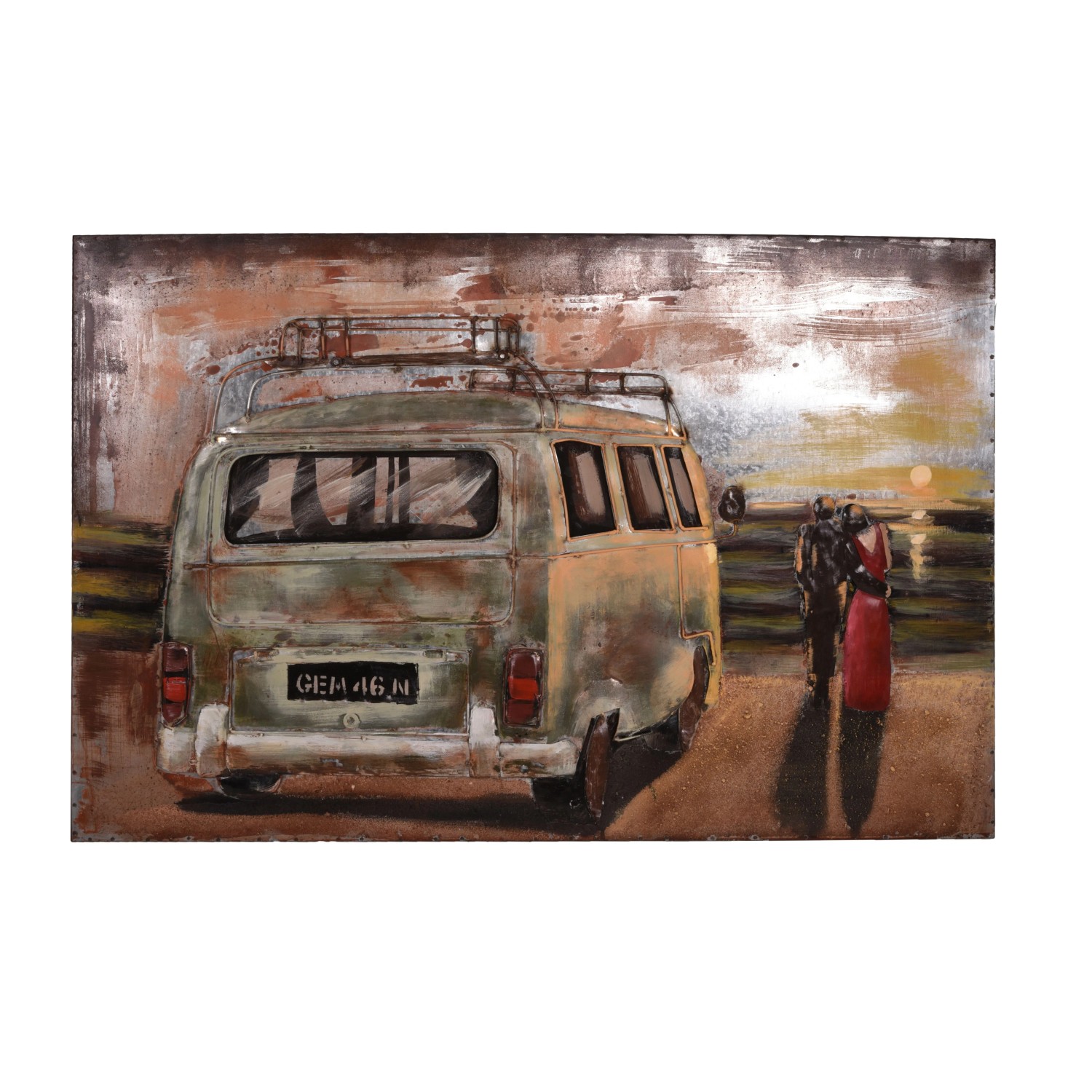 DELUKE 3D-Metallbild Bulli Mit Pärchen Stahl Bunt 4x80x120cm Wandbild Wohnzimmerbild Dekobild Flur Büro