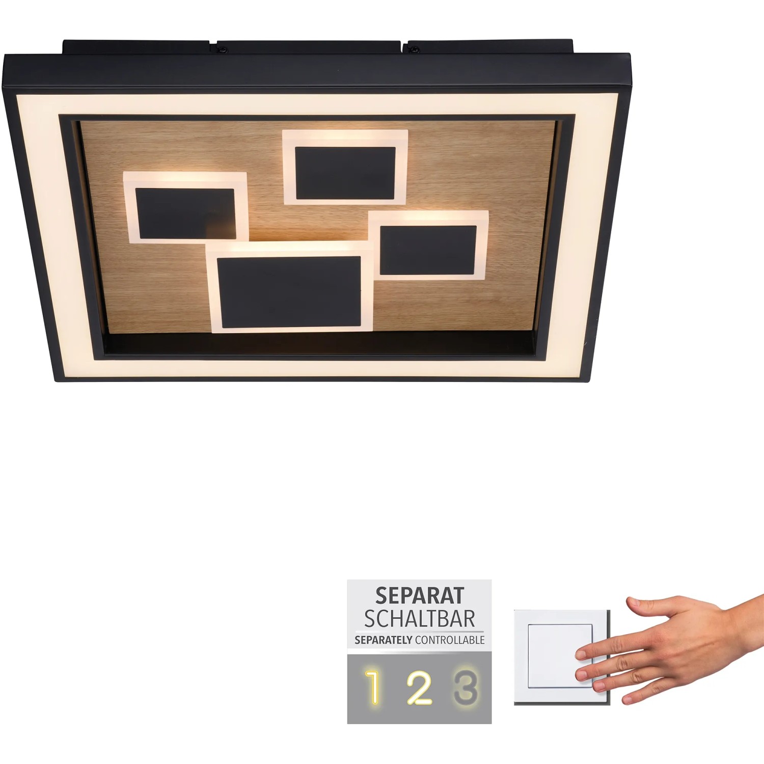 Quadratische LED-Deckenleuchte Eliza in Holzoptik Natur, 48x48 cm, mit separater Schaltung.