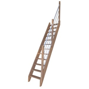 StarWood Treppe Eiche mit Holz-Edelstahl-Geländer (rechts). Gerade, unbehandelte Holztreppe für den Innenbereich.