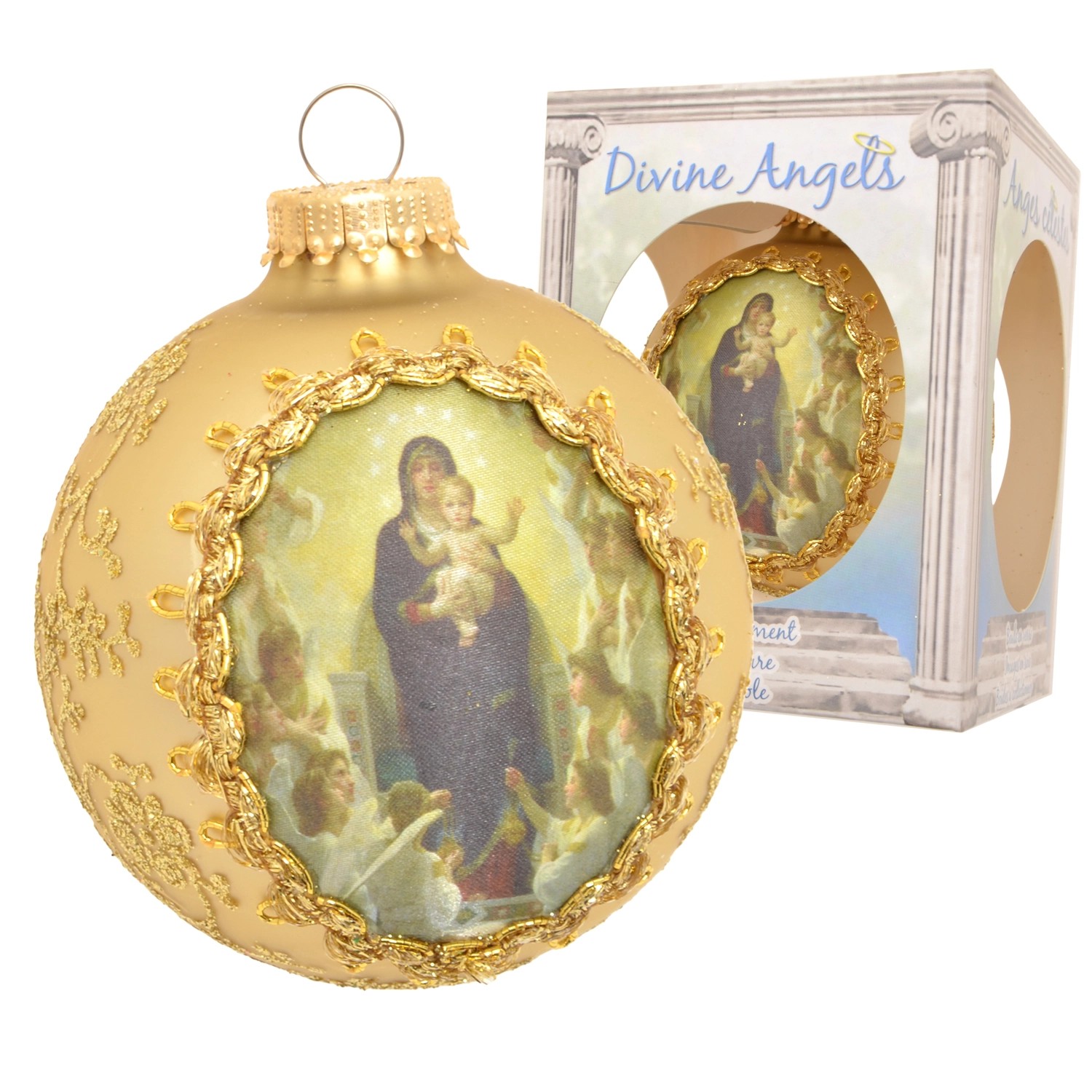 Krebs Glas Lauscha Weihnachtskugel Seidenbild Maria und Kind Goldfarbig 8cm