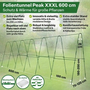 Grüner TTL GARDEN Folientunnel PEAK XXXL 600x120x180 cm mit PE Folie für Pflanzen, Gemüse & Anzucht im Garten.