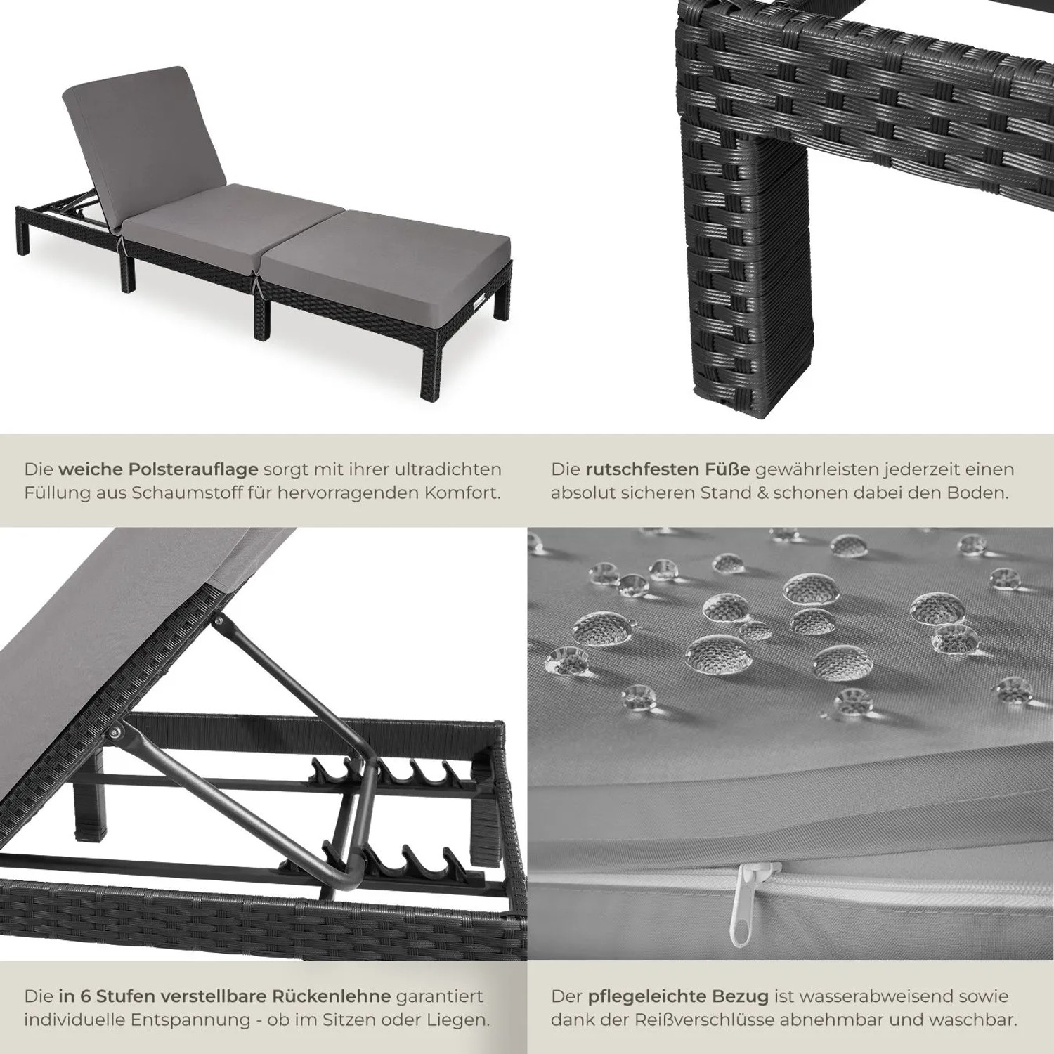 Tectake Rattan Sonnenliege Sofia Widerstandsfähig Uv Beständig  196 x 66 x 27 cm Schwarz_5