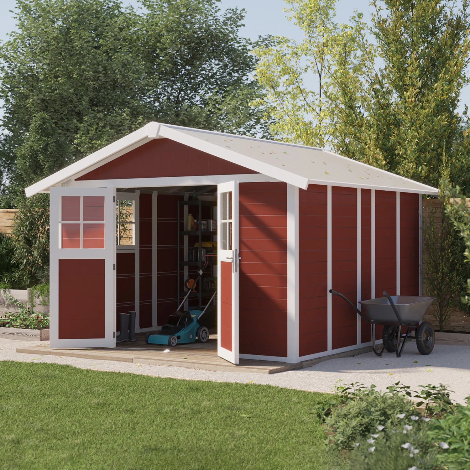 Rotes Grosfillex Kunststoff-Gartenhaus Deco H 11 mit geöffneten Doppeltüren und Gartengeräten.