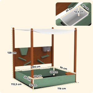AIYAPLAY Sandkasten mit Abdeckung, Massivholz, mit Sitzbänken und Spielzeugaufbewahrung, Maße.