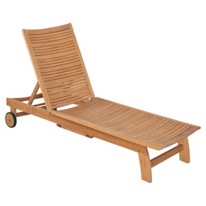 Sonnenliege Chelsea aus FSC®-Eukalyptusholz mit verstellbarer Rückenlehne und Rädern.