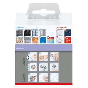 Verpackung Tesa Handtuchhaken Moon Graphite mit Montageanleitung für Badhelfer.