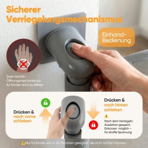 Detailansicht des grauen Sekey Treppenschutzgitters: Sicherer Verriegelungsmechanismus mit Einhandbedienung. Kindersicheres Absperrgitter.