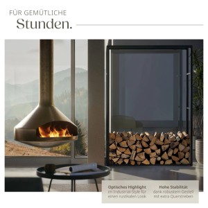 Schwarzes Kaminholzregal im Industrial Look mit Holzscheiten gefüllt.