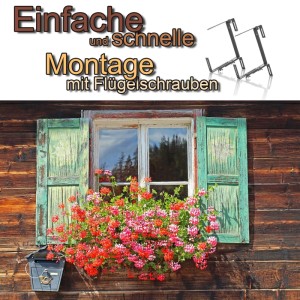 Anthrazit Blumenkastenhalterungen mit Flügelschrauben für einfache Montage. Blumenkasten mit roten Blüten am Holzhausfenster.