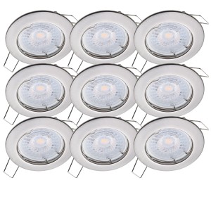 9er Set LED Einbauleuchten in gebürsteter Edelstahloptik, warmweiß und dimmbar.