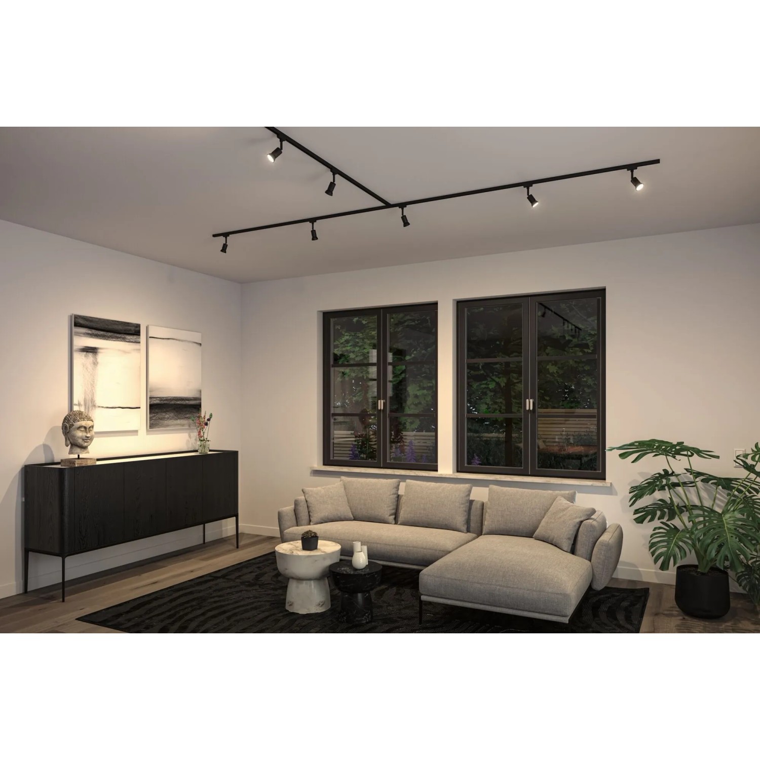 Schwarzes Paulmann URail LED-Schienensystem mit Salt Spots im modernen Wohnzimmer. Mattes Design für gerichtetes Akzentlicht.