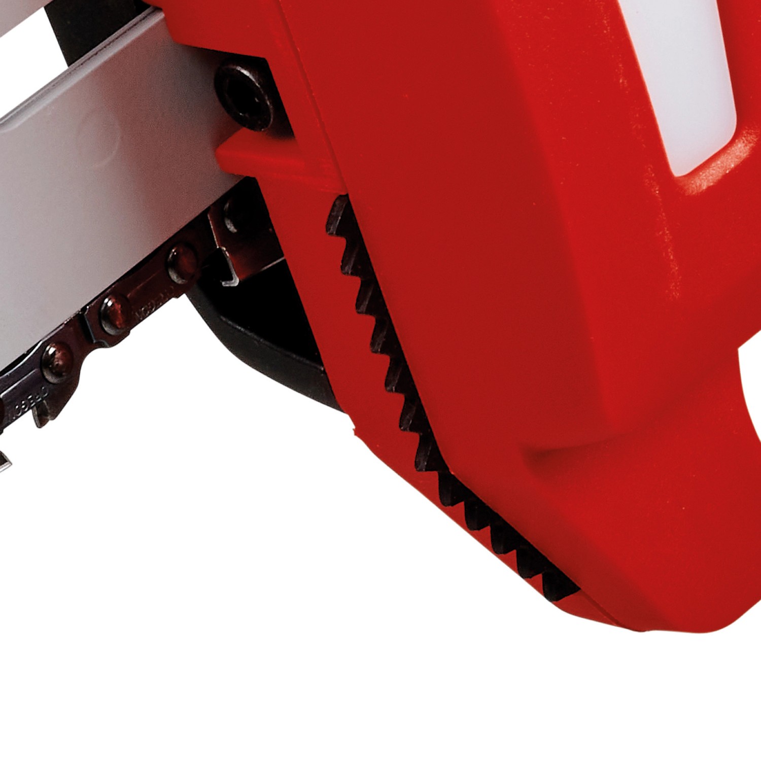Detailaufnahme: Rote Einhell Akku-Astsäge GC-LC 18/20 Li T-Solo mit Schwert und Kette.