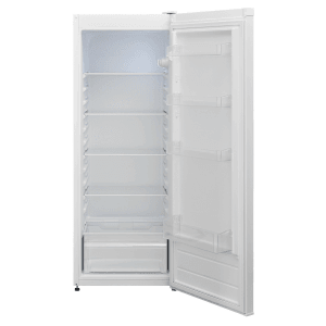 Offener, weißer Telefunken Kühlschrank (255L) mit Gemüsefach und LED-Beleuchtung.