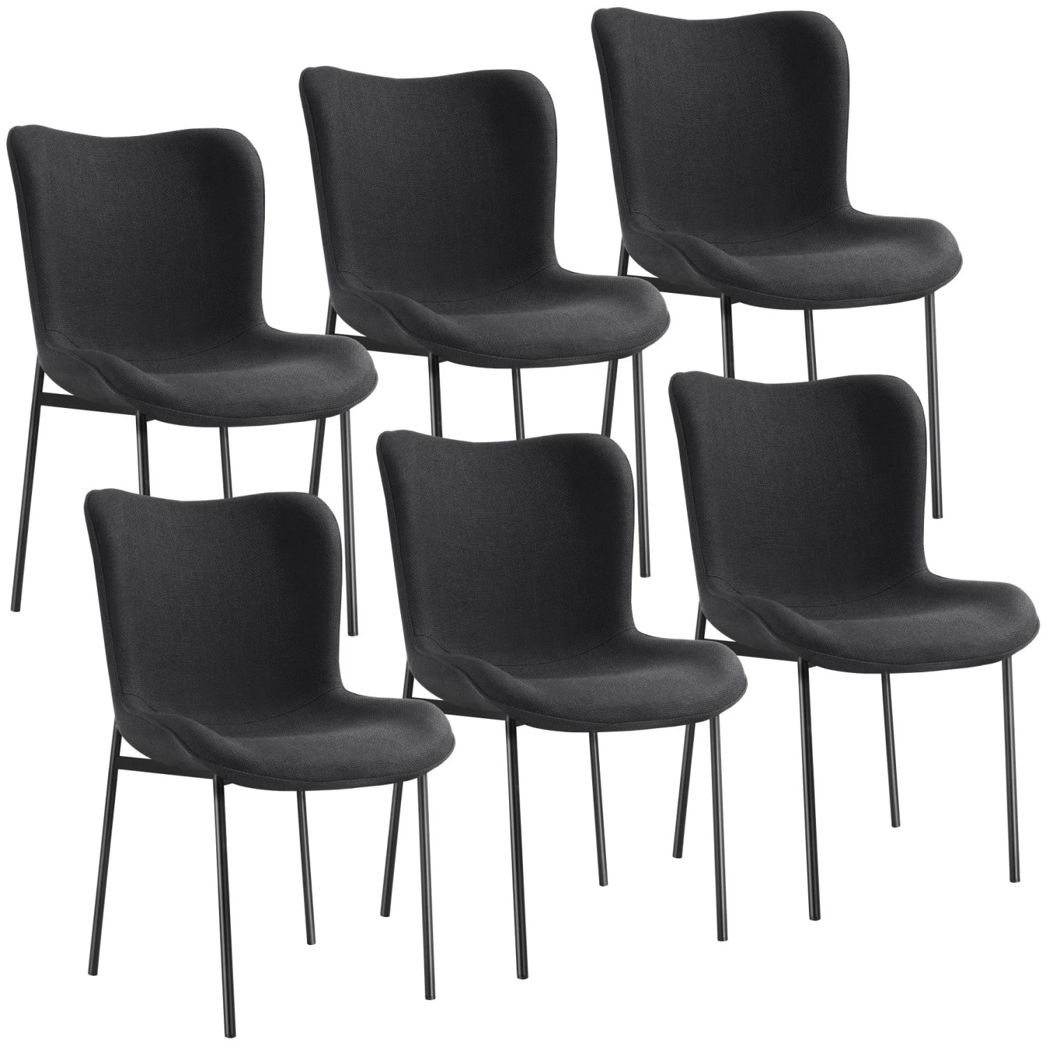 Tectake Polsterstuhl  Tessa Ergonomische Form Mit Hoher Rückenlehne Schlanke Stahlbeine 6Er Set 62 x 54 x 90 cm Webstoff Schwarz Schwarz