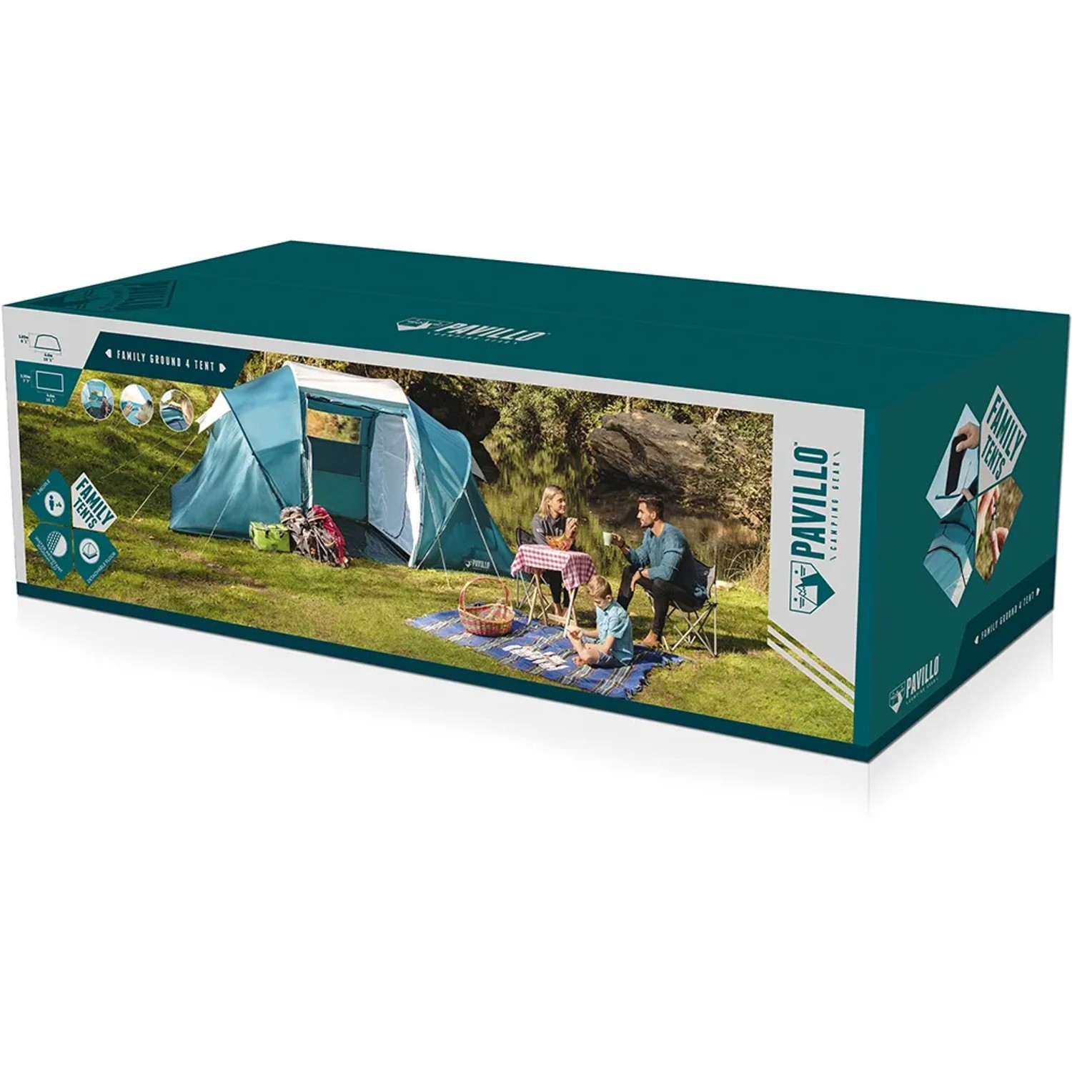 Verpackung des Pavillo Family Ground 4 Zeltes für 4 Personen. Campingzelt mit zwei Schlafräumen.