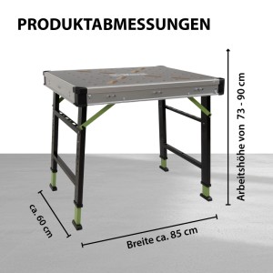 TRUTZHOLM Werkbank, höhenverstellbar, klappbar, mit Maßangaben zu Breite, Höhe und Tiefe.
