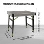 TRUTZHOLM Werkbank, höhenverstellbar, klappbar, mit Maßangaben zu Breite, Höhe und Tiefe.