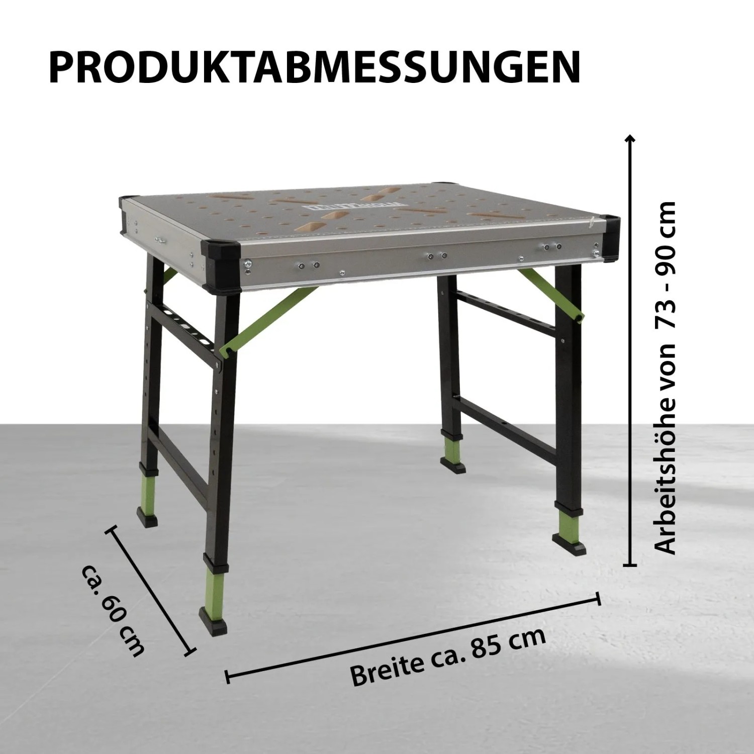 TRUTZHOLM Werkbank, höhenverstellbar, klappbar, mit Maßangaben zu Breite, Höhe und Tiefe.