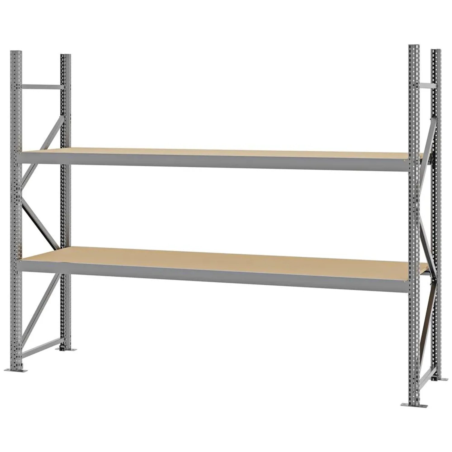PROREGAL Weitspannregal Schraub-Stecksystem MAGNUS PRO Made In Germany Grundregal 200x250x60cm 2 Ebenen Spanplattenböden Fachlast 430kg Verzinkt