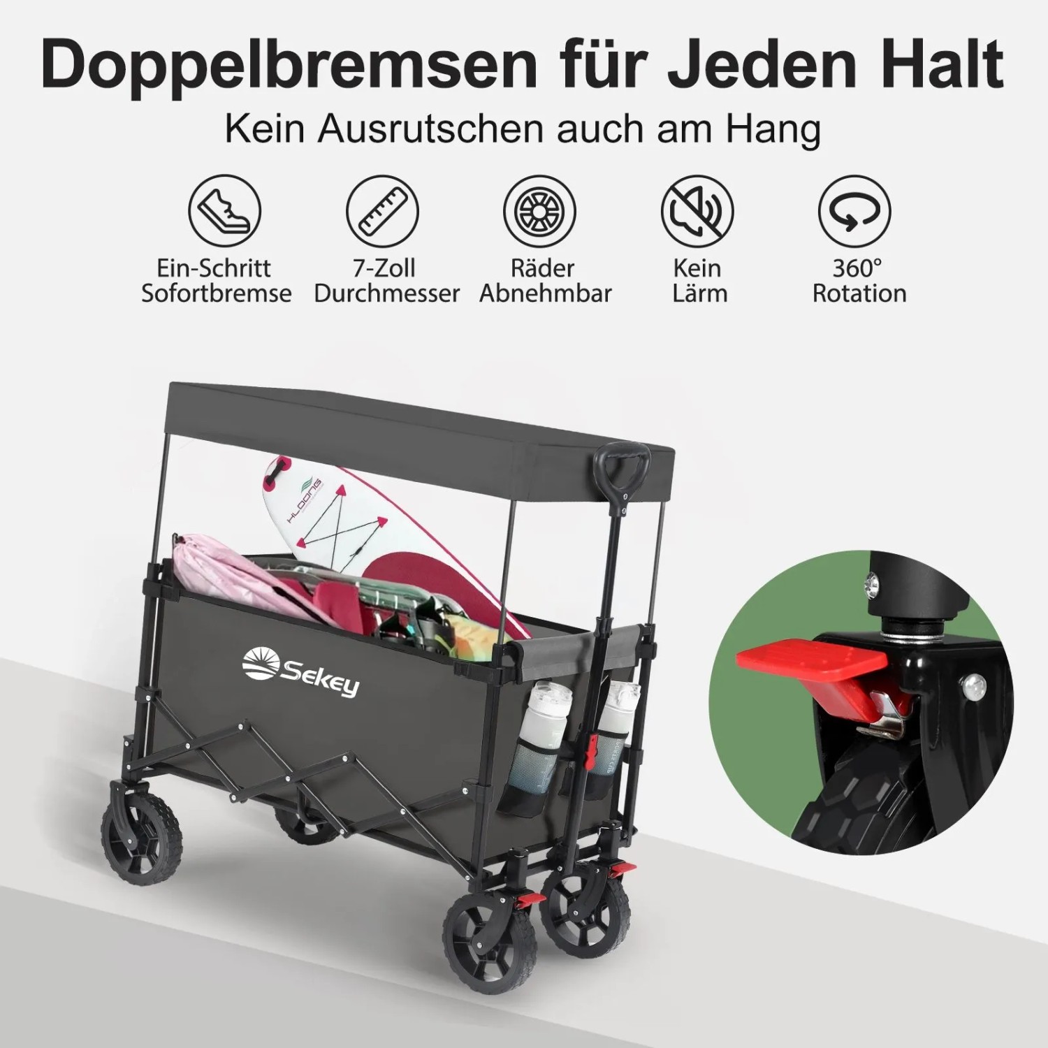 Sekey XXL Bollerwagen, faltbar, grau, mit Dach und Bremse. Ideal für Camping und Freizeit.