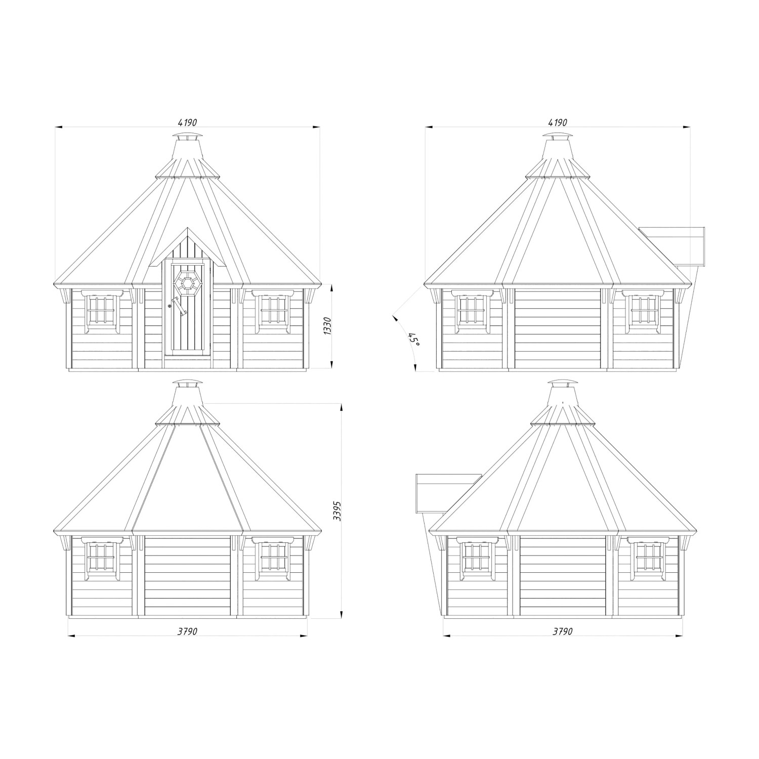 Skizze Palmako Grillkota Eva, 379x379 cm, Holz-Gartenhaus mit Maßen.