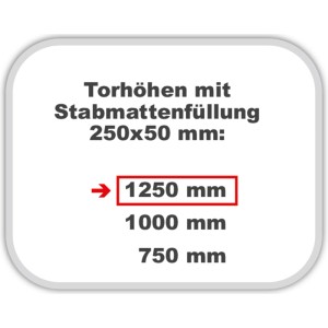 Verfügbare Torhöhen für Solid Gartentor mit Stabmattenfüllung: 1250 mm, 1000 mm, 750 mm.
