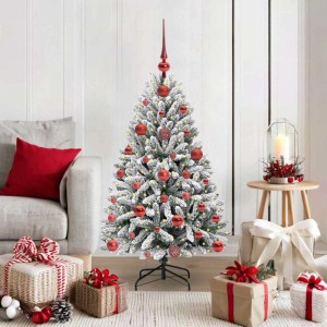 vidaXL Künstlicher Weihnachtsbaum, 120 cm, grün-weiß beflockt mit roten Kugeln & Spitze, warmweiße LEDs, festlich dekoriert.