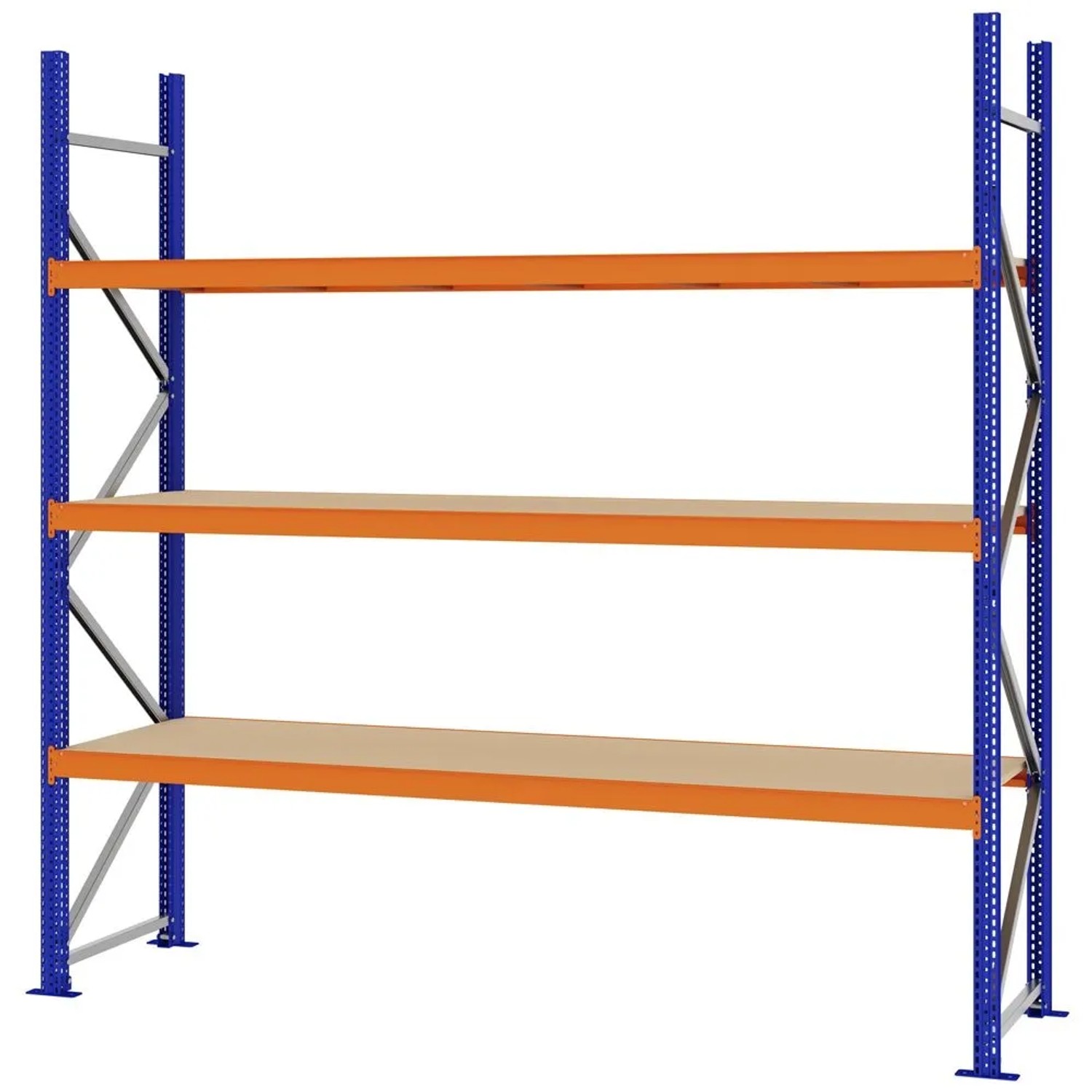 PROREGAL Weitspannregal Schraub-Stecksystem MAGNUS PRO Made In Germany Grundregal 250x250x60cm 3 Ebenen Spanplattenböden Fachlast 430kg Blau/Orange
