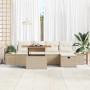 Beiges 6-teiliges vidaXL Garten-Sofa-Set aus Poly Rattan mit höhenverstellbarem Tisch.