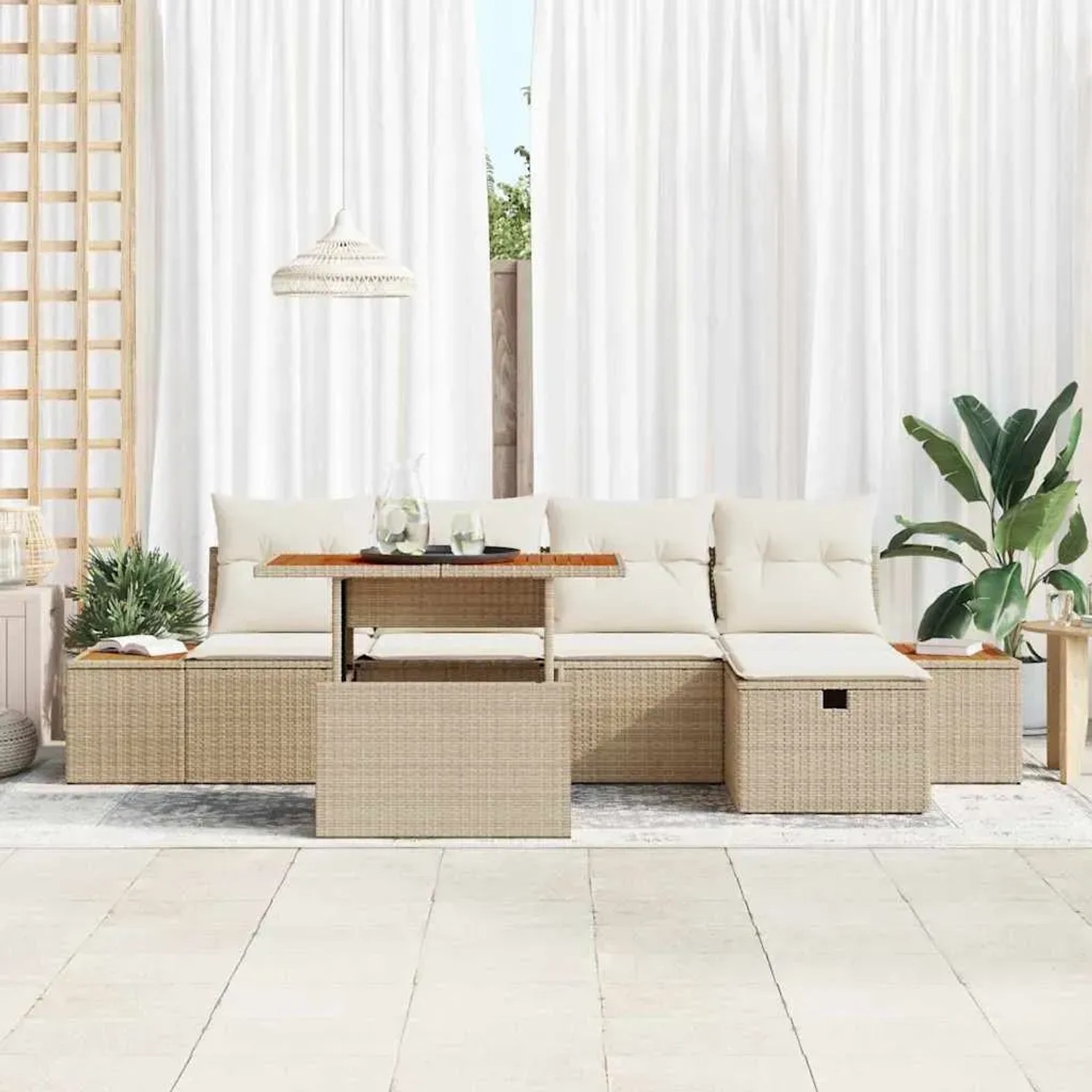 Beiges 6-teiliges vidaXL Garten-Sofa-Set aus Poly Rattan mit höhenverstellbarem Tisch.