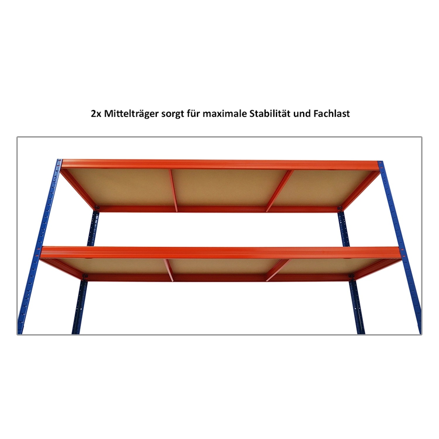 PROREGAL Schwerlastregal Giant Elephant, blau-orange, mit 2 MDF-Holzböden und Mittelträgern.