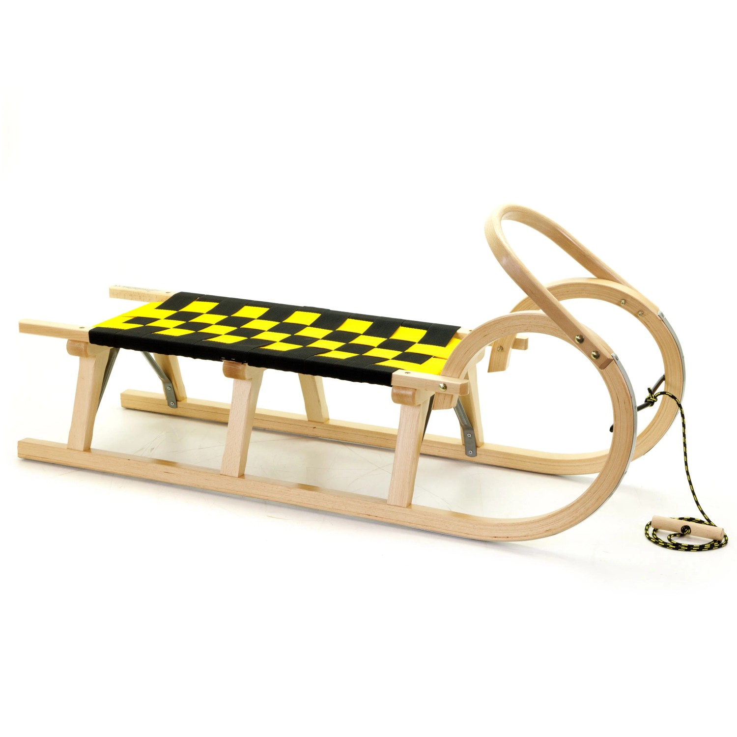 HolzFee Baran S 110  S Plus Kinderschlitten Hörnerschlitten mit Haltegriff und Gurtsitz Schwarz Gelb