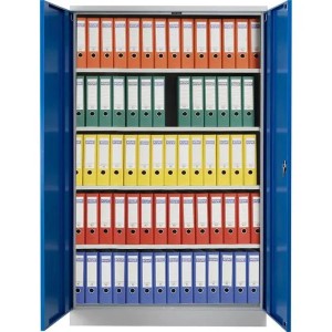 PROREGAL Flügeltürenschrank, grau-enzianblau, mit Ordnern gefüllt. Aktenschrank für Büro und Homeoffice.