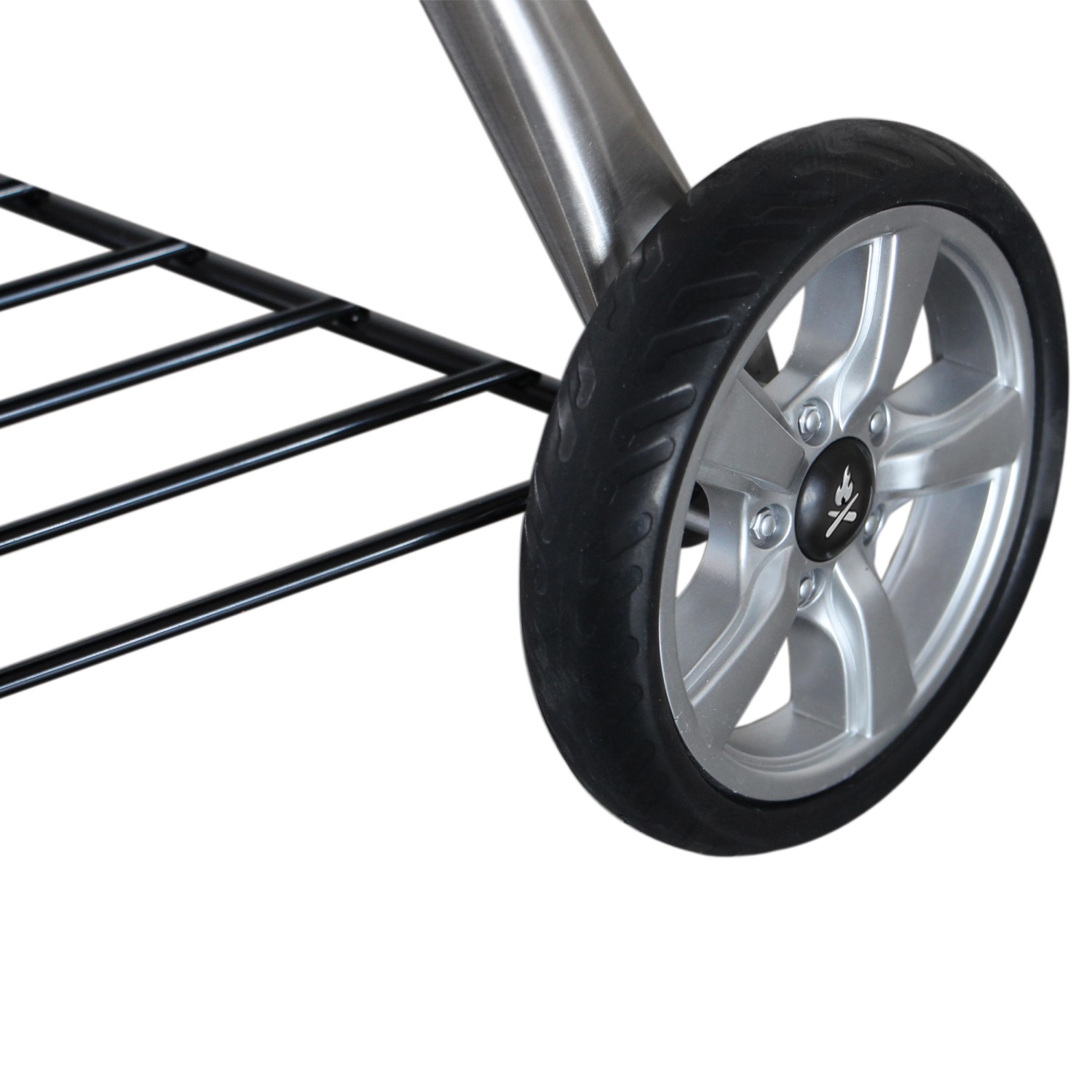 Detailaufnahme: Rad und Ablage des Jamestown Holzkohle-Kugelgrills Dexter XL.